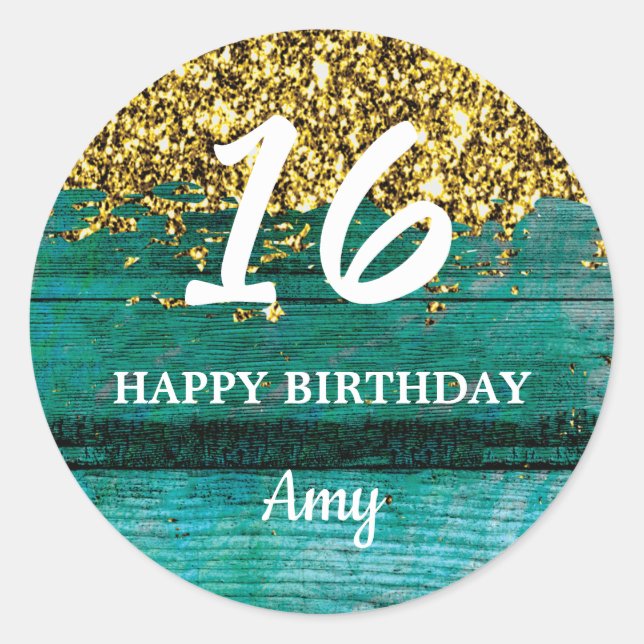Teal and Gold Sweet 16 Birthday Party Favor  Classic Round Sticker (Front)