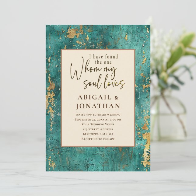 Teal and Gold Tones Bible Verse Christian Wedding Invitation (Standing Front)