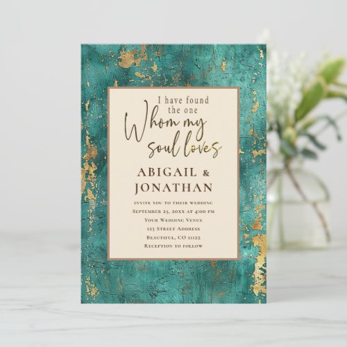 Teal and Gold Tones Bible Verse Christian Wedding Invitation