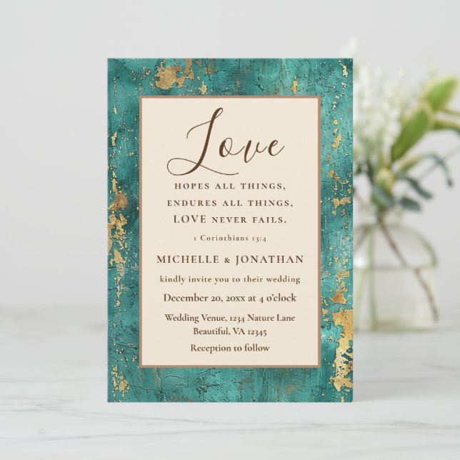 Teal and Gold Tones Christian Bible Verse Wedding Invitation (Standing Front)