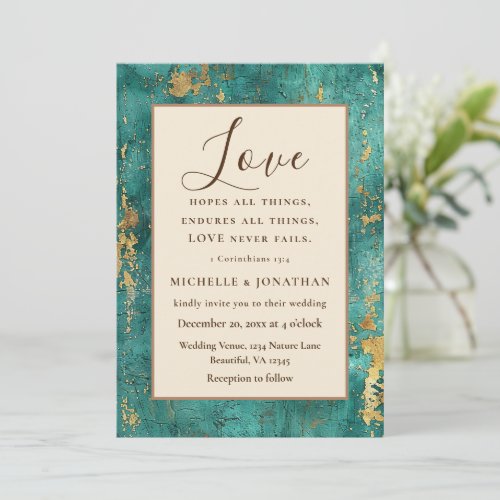 Teal and Gold Tones Christian Bible Verse Wedding Invitation