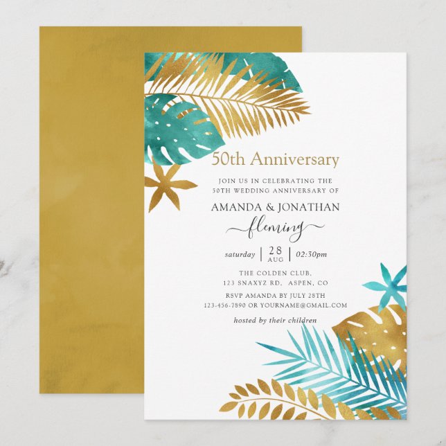Teal and Gold Tropical 50th Wedding Anniversary Invitation (Front/Back)