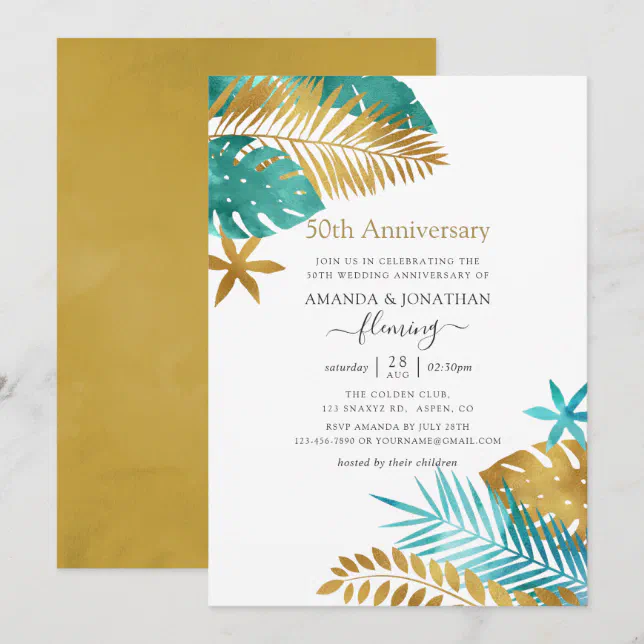 Teal and Gold Tropical 50th Wedding Anniversary Invitation | Zazzle