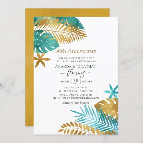 Teal and Gold Tropical 50th Wedding Anniversary Invitation