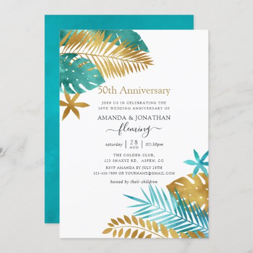 Teal and Gold Tropical 50th Wedding Anniversary Invitation