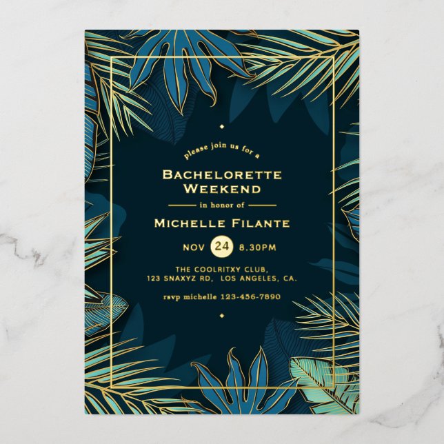Teal and Gold Tropical Bachelorette Party Foil Invitation (Front)