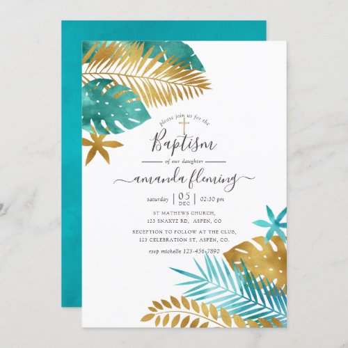 Teal and Gold Tropical Baptism Invitation