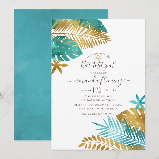 Teal and Gold Tropical Bat Mitzvah Invitation (Front/Back)