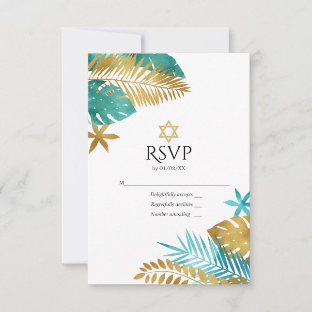 Teal and Gold Tropical Bat Mitzvah RSVP Card (Front)