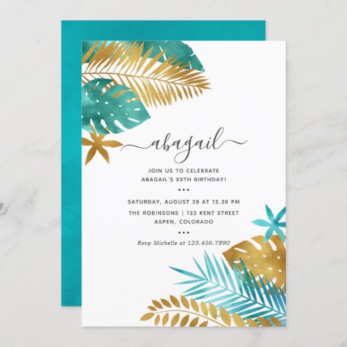 Teal and Gold Tropical Birthday Invitation