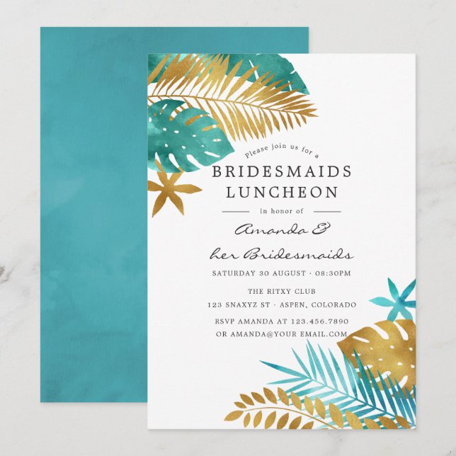 Teal and Gold Tropical Bridesmaids Luncheon Invitation (Front/Back)