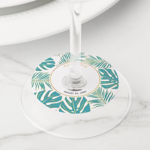 Teal and gold tropical leaves modern wedding wine glass tag