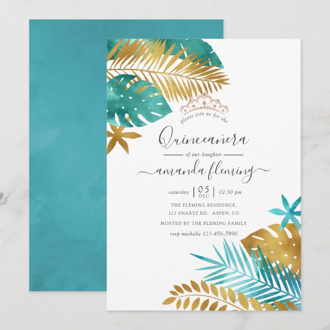 Teal and Gold Tropical Quinceañera Invitation (Front/Back)