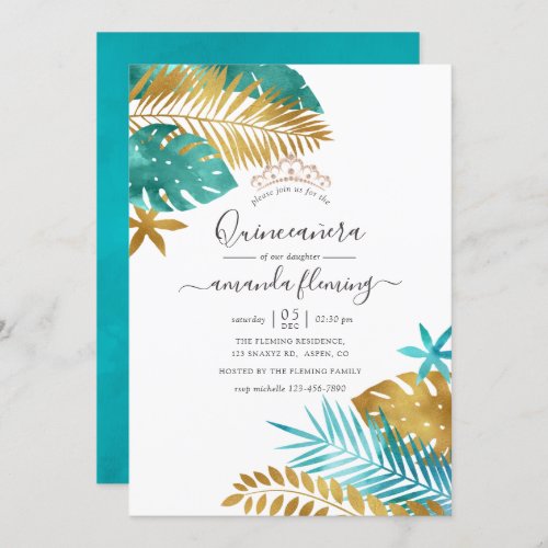 Teal and Gold Tropical Quinceaera Invitation