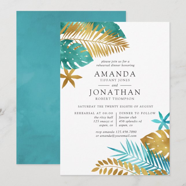 Teal and Gold Tropical Rehearsal Dinner Invitation (Front/Back)