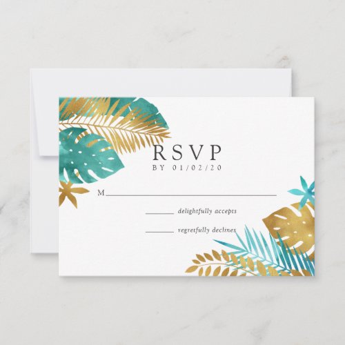 Teal and Gold Tropical Wedding RSVP Card