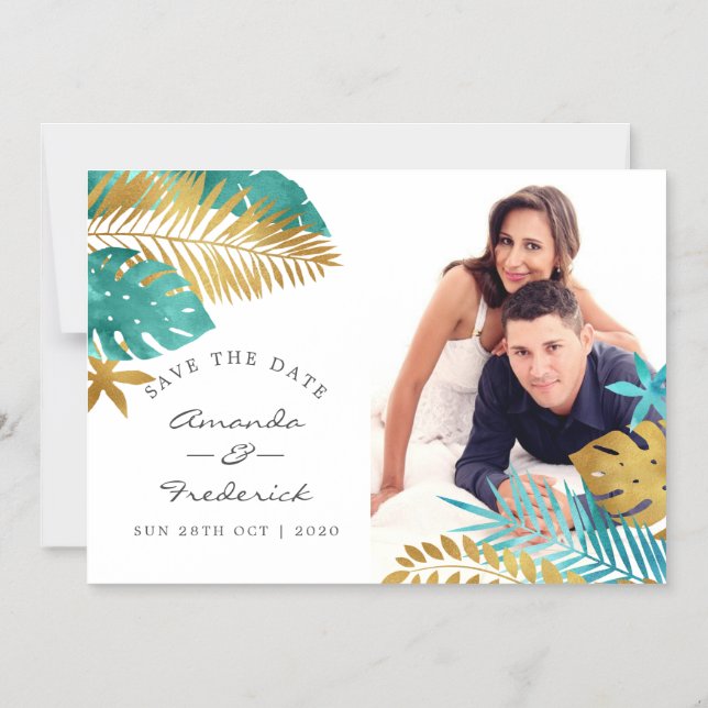 Teal and Gold Tropical Wedding Save the Date Magnetic Invitation (Front)