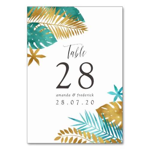 Teal and Gold Tropical Wedding Table Number