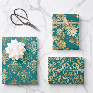 Teal and Gold Vintage Damask Wrapping Paper Sheets