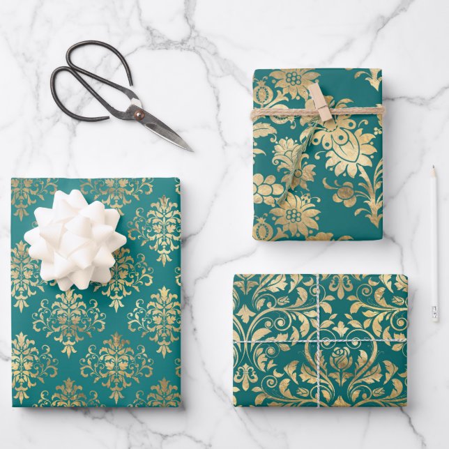 Teal and Gold Vintage Damask Wrapping Paper Sheets (Front)