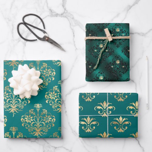 Teal and Gold Vintage Damask Wrapping Paper Sheets