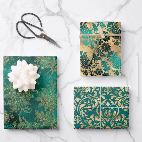 Teal and Gold Vintage Damask Wrapping Paper Sheets