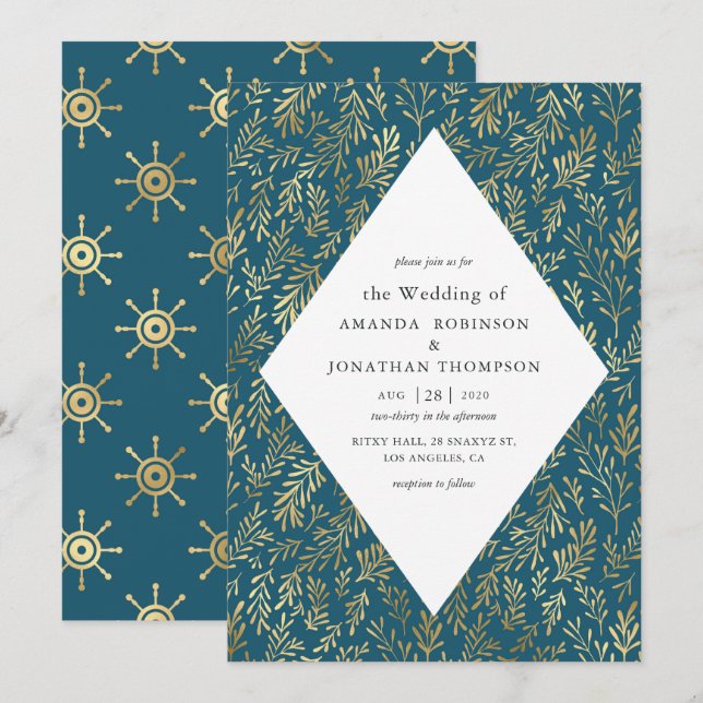 Teal and Gold Vintage Nautical Wedding Invitation (Front/Back)
