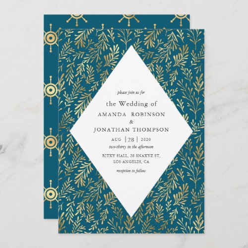 Teal and Gold Vintage Nautical Wedding Invitation