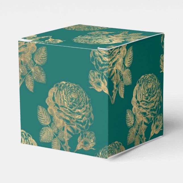 Teal and Gold Vintage Roses Favor Boxes (Front Side)