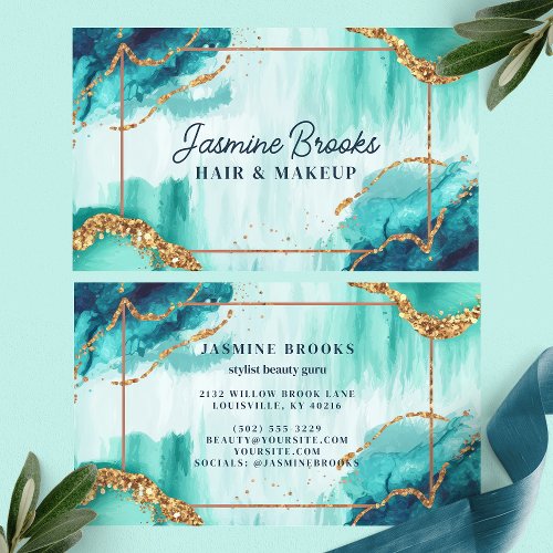 Teal And Gold Watercolor Glitter Business Card