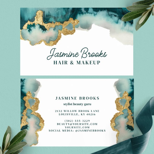 Teal and Gold Watercolor Professional Business Card (Creator Uploaded)