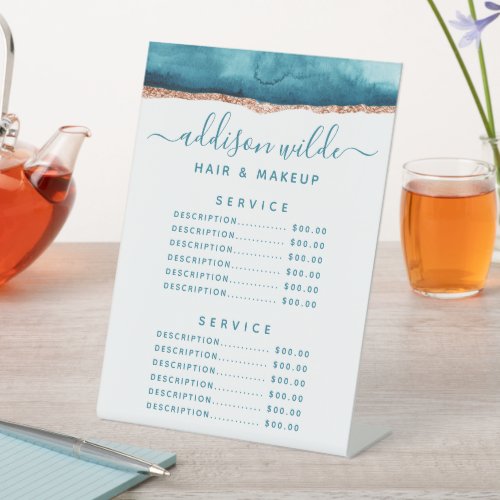 Custom Price Menus 7 Teal And Gold Watercolor Service Price Pedestal Sign