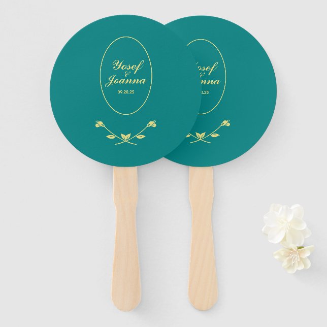 Teal and Gold Wedding Hand Fan (Front and Back)