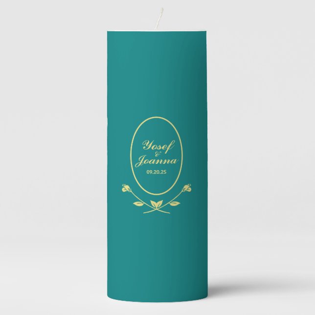 Teal and Gold Wedding Pillar Candle (Front)