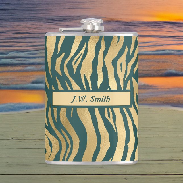 Teal and Gold Wild Animal Print with Name Flask (Creator Uploaded)