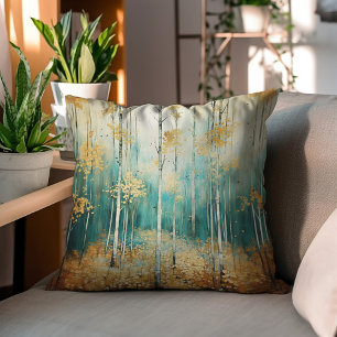 Teal And Golden Forest Watercolor Decorative Throw Pillow