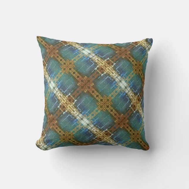 Teal and Golden Plaid Modern Plaid Throw Pillow (Front)