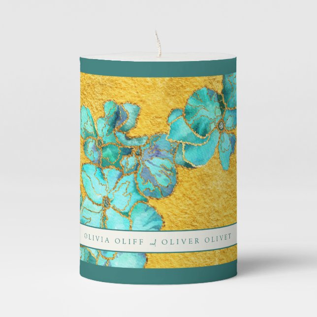 Teal and Golden Wedding Pillar Candle (Front)