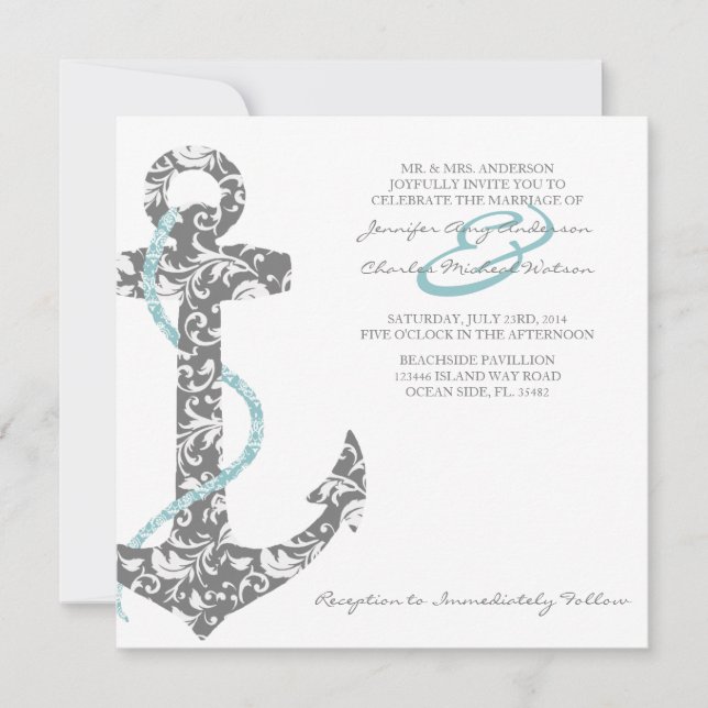 Teal and Gray Anchor Beach Wedding Invitation (Front)