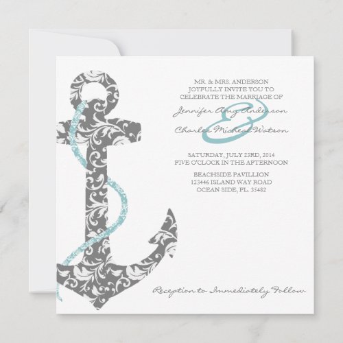 Teal and Gray Anchor Beach Wedding Invitation