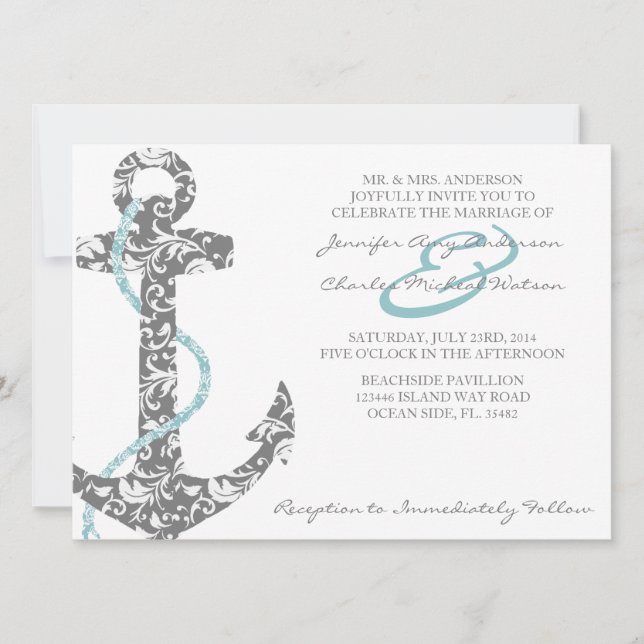 Teal and Gray Anchor Beach Wedding Invitation (Front)