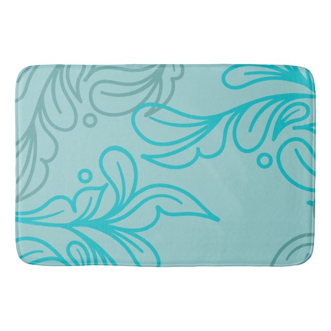 Teal and Gray Boho Leaf Design Bath Mat (Front)