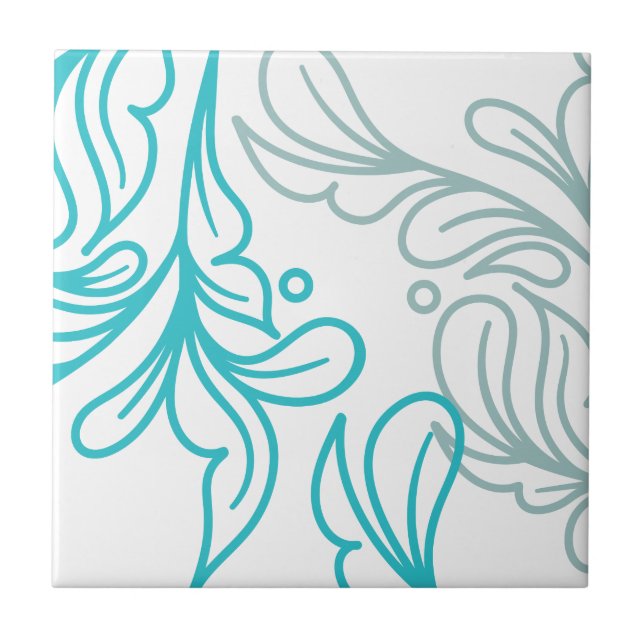 Teal and Gray Boho Leaf Design Ceramic Tile (Front)