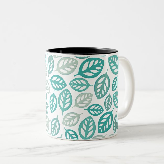 Teal and Gray Botanical Leaf Pattern Two-Tone Coffee Mug (Front Right)
