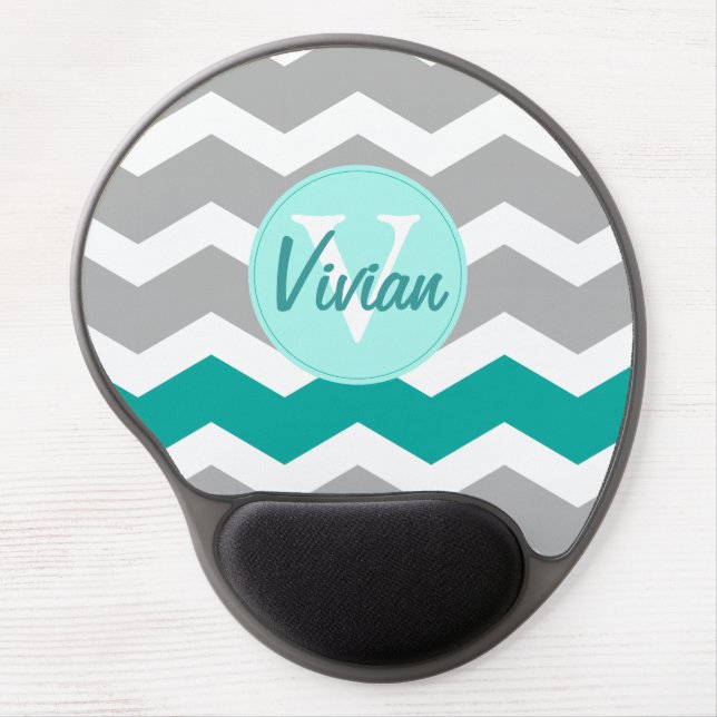 Teal and Gray Chevron Custom Name Gel Mouse Pad (Front)