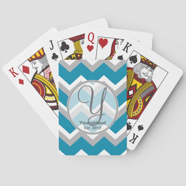 Teal and Gray Chevron Monogram Playing Cards (Back)