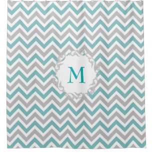 Teal and Gray Chevron Pattern with Custom Monogram Shower Curtain