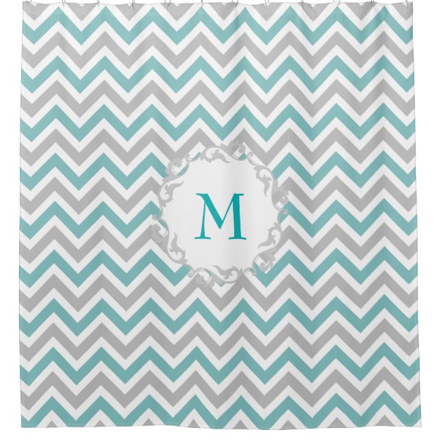 Teal and Gray Chevron Pattern with Custom Monogram Shower Curtain (Front)