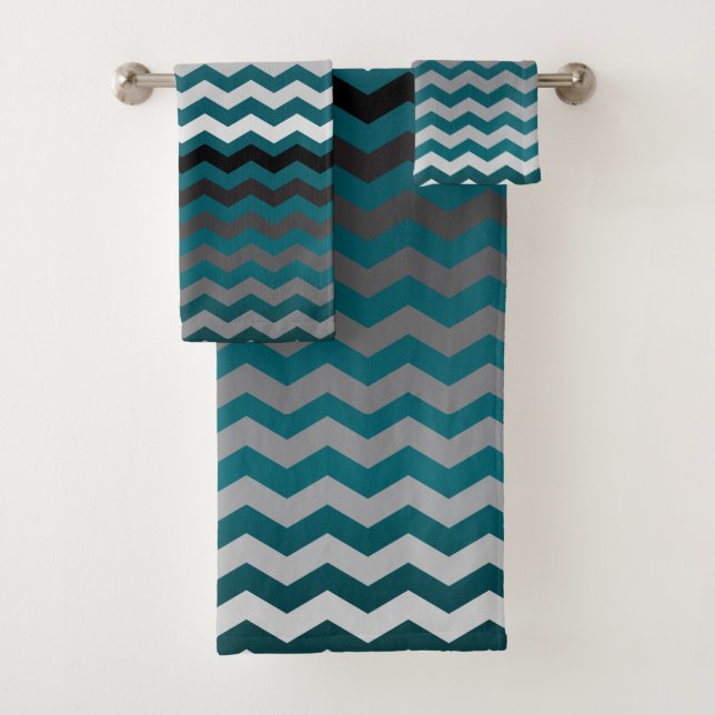 Teal and Gray Chevron Stripes Bath Towel Set (Insitu)