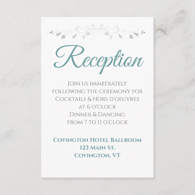 Teal and Gray Elegant Wedding Reception Enclosure Card (Front)